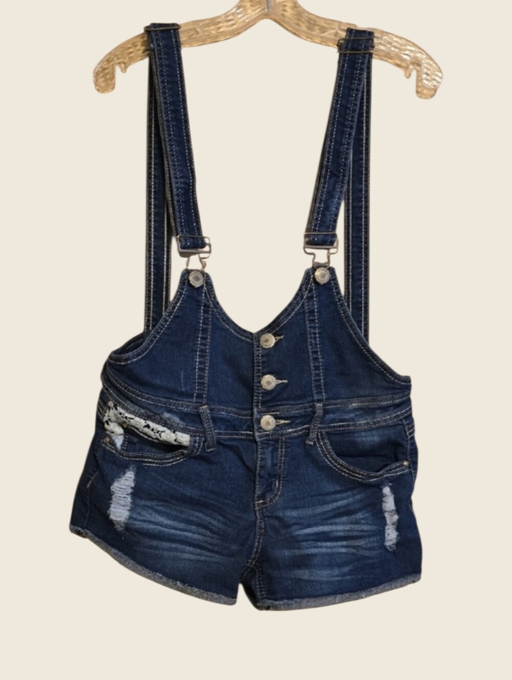 Almost Famous Shorts Womens Size 9 Junior Sizing Blu Denim Jean Overalls